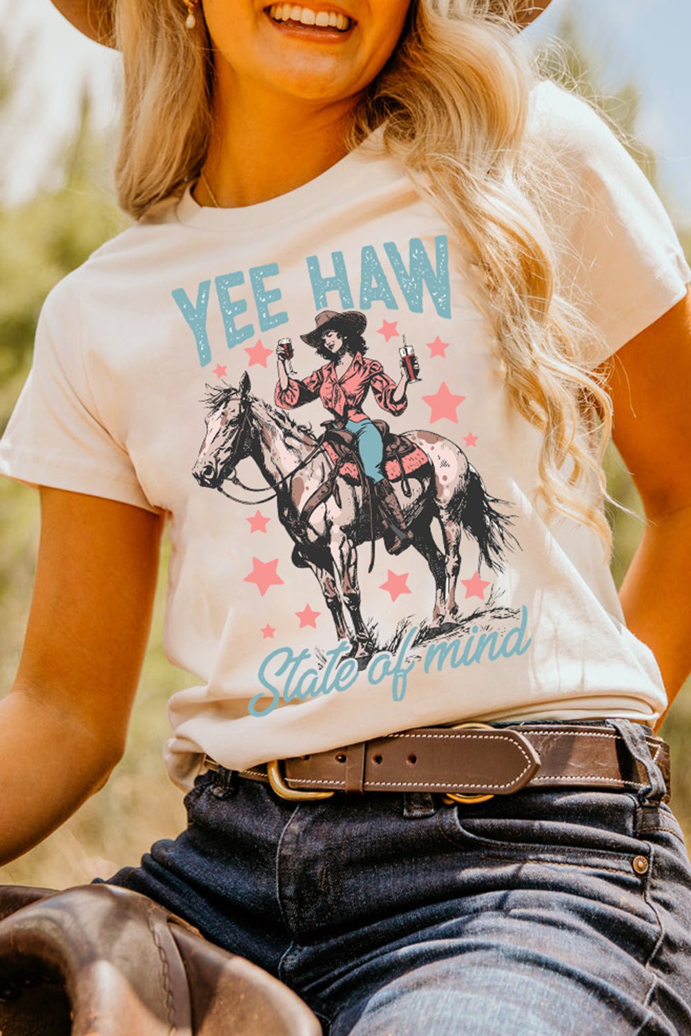 White YEE HAW State of mind Cowgirl Graphic Western Fashion Tee - LiberTees for All