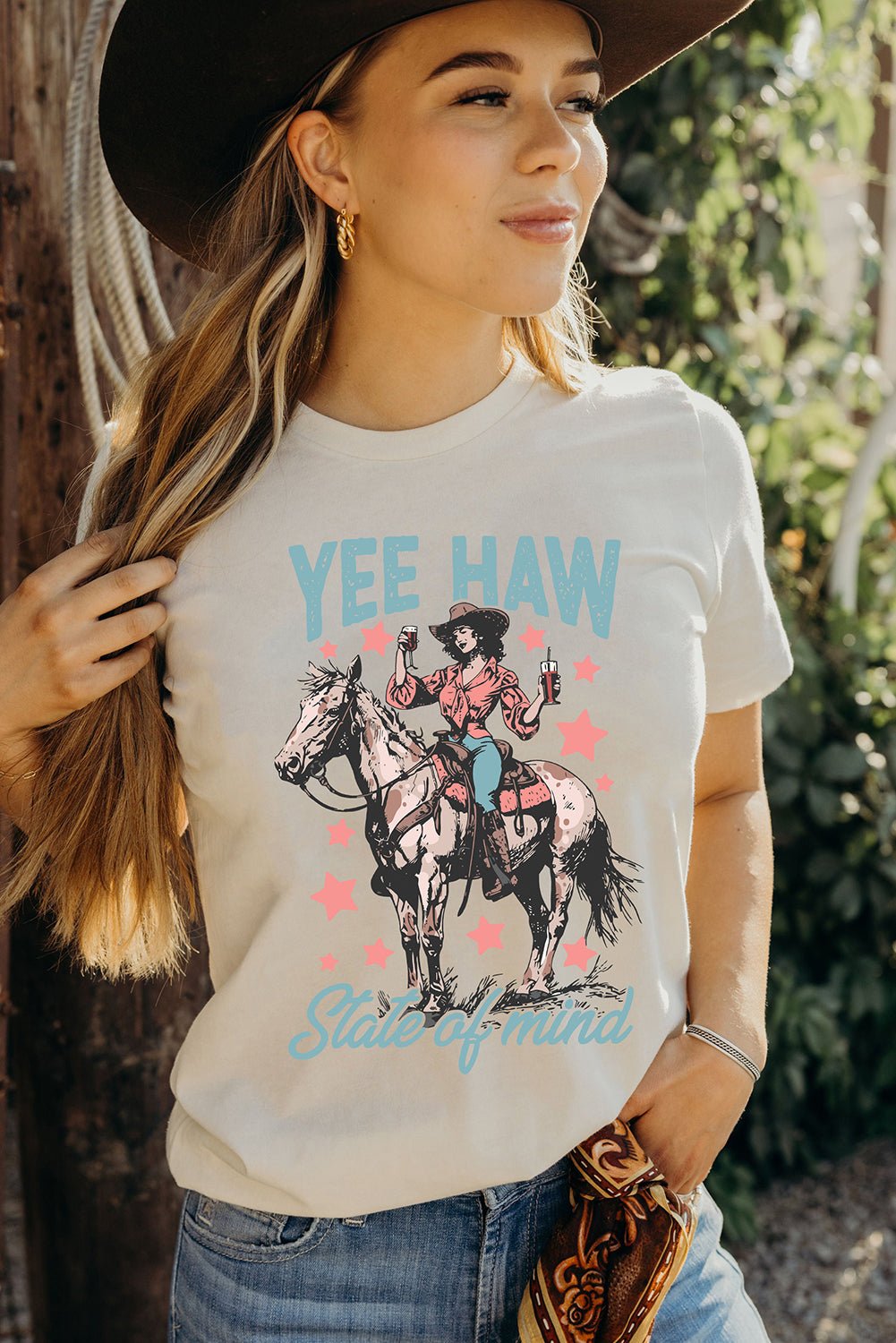 White YEE HAW State of mind Cowgirl Graphic Western Fashion Tee - LiberTees for All