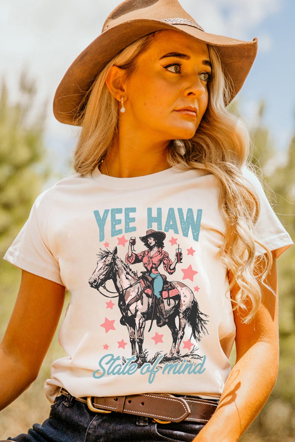 White YEE HAW State of mind Cowgirl Graphic Western Fashion Tee - LiberTees for All