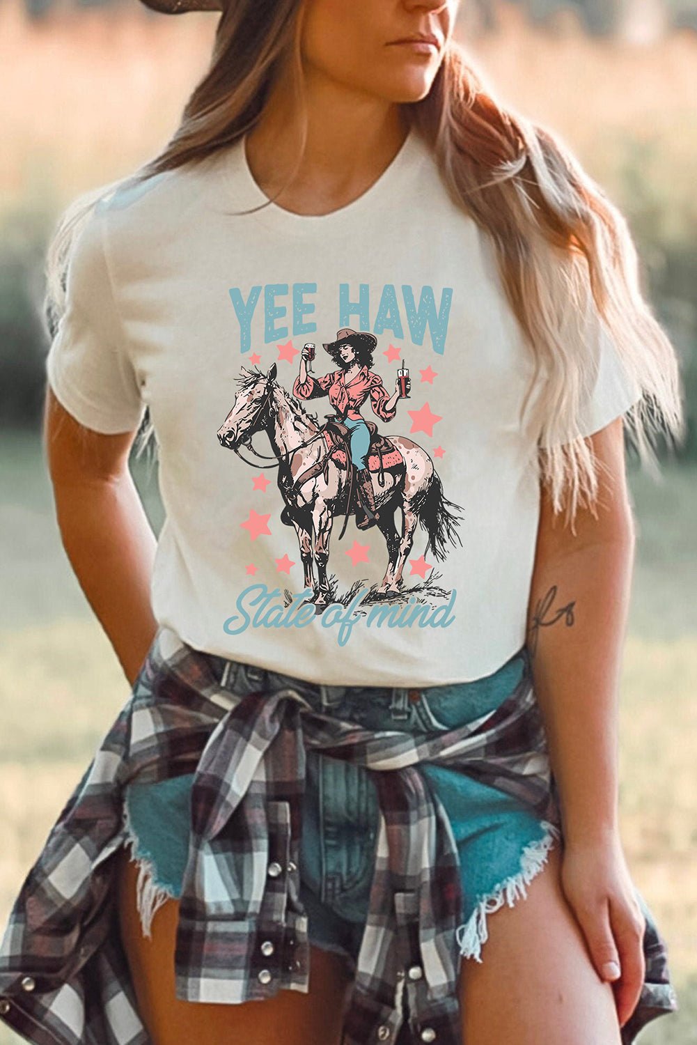 White YEE HAW State of mind Cowgirl Graphic Western Fashion Tee - LiberTees for All