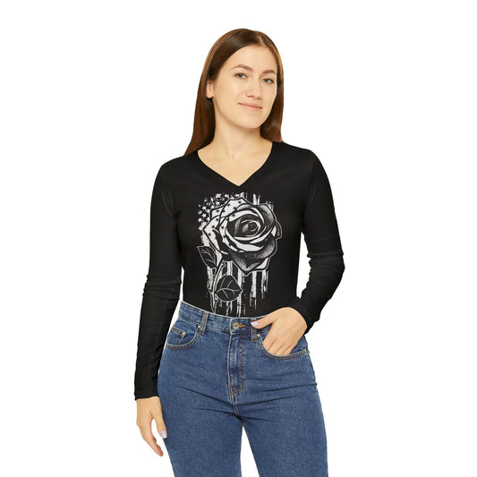 Women's V - Neck Long Sleeve — Grunge American Flag Rose Graphic - LiberTees for All
